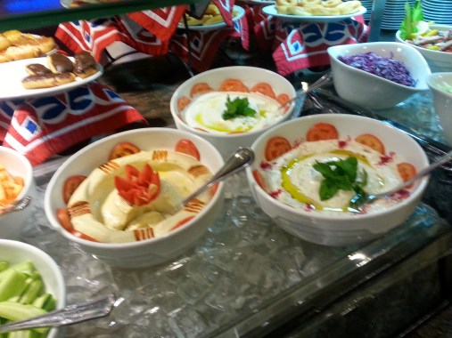 Hummus for breakfast, lunch, and dinner... multiple kinds...various presentations.